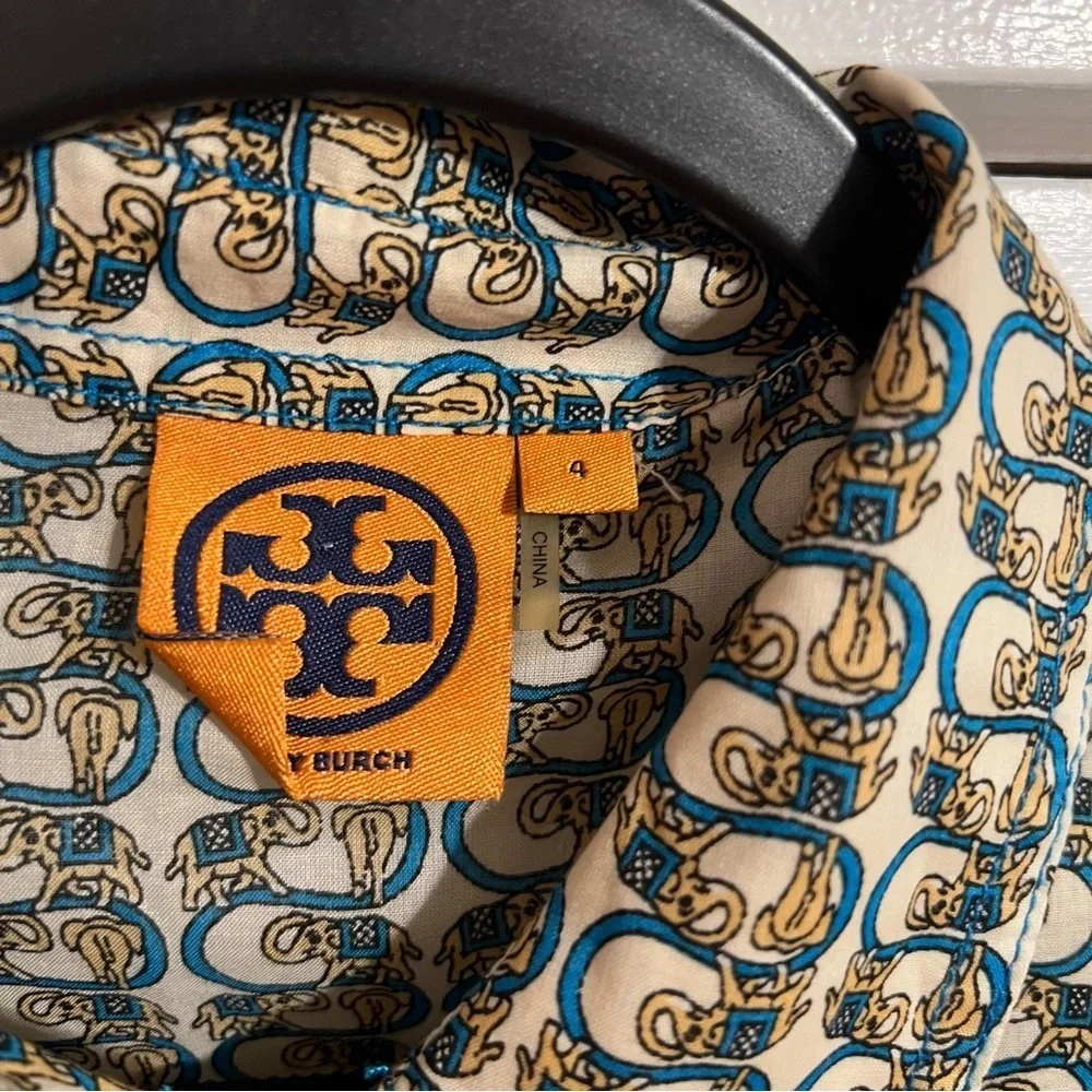 #174 TORY BURCH ELEPHANT PRINT LONG SLEEVE COTTON BLOUSE SIZE 4